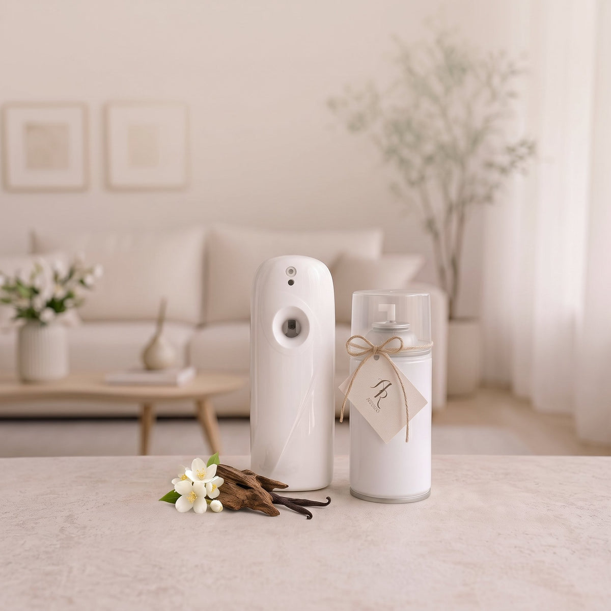 Aromatizador automático Ar_omas junto a su recarga universal, sobre la mesa de un living